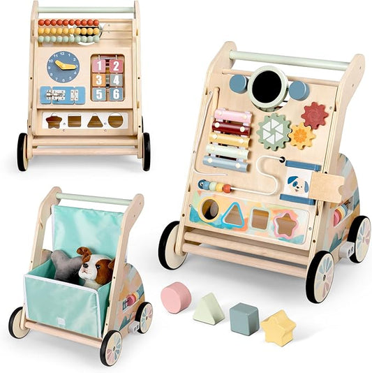 Wooden Baby Walker, Detachable Double-Sided Busy Board, Baby Walking Toys Push Walkers for Babies 6-12 Months