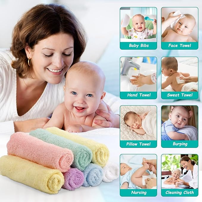 HOMEXCEL Baby Washcloths 12 Pack-Microfiber Coral Fleece Baby Bath Face Towel 7 x 9 Inch Extra Absorbent and Soft Burp Cloth and Wash Cloths for Newborn-Infants and Toddlers-Gentle On Sensitive Skin