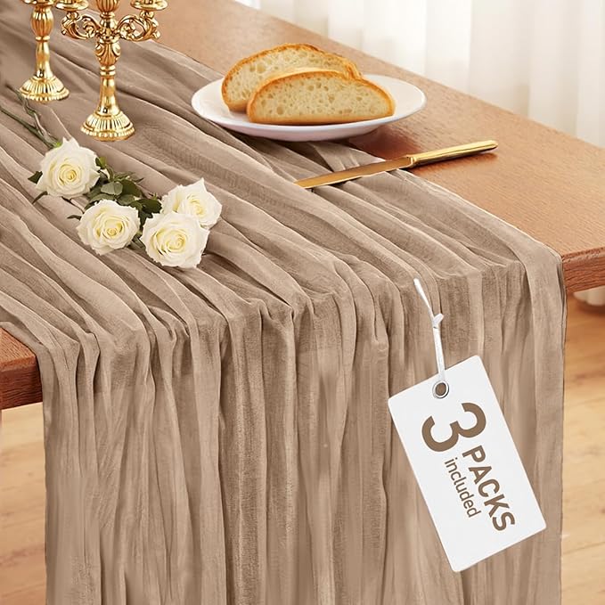 Pureegg 3-Pack Cheese Cloths Table Runner, 120'' Boho Table Cloth Decorations for Party, Baby Shower, Wedding and Farmhouse, Fabric Room Decor, Nude