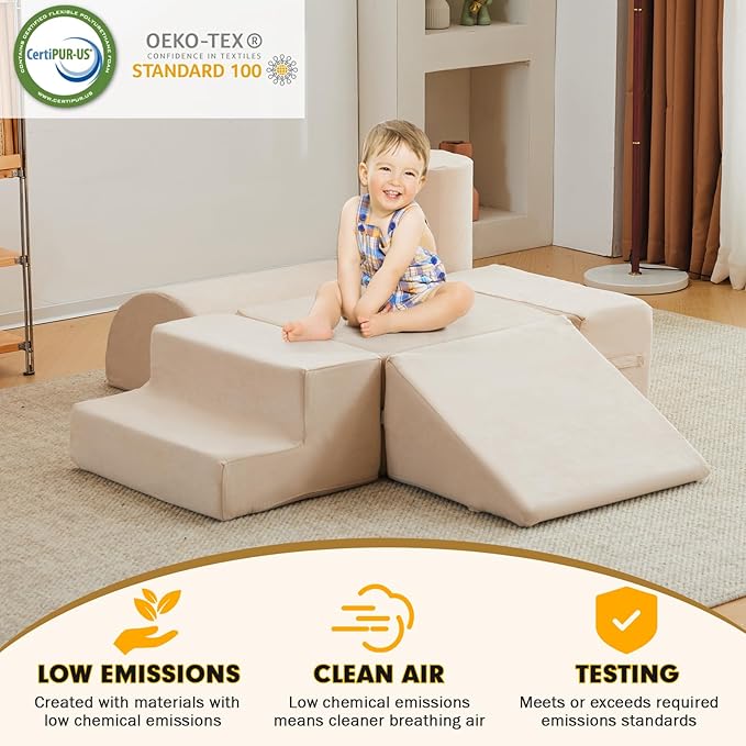 jela Kids Foam Climbing Blocks 6Pcs Soft Play Equipment Luxury Miss Fabric Toddler Climbing Toys Indoor, Lightweight Climbing Blocks for Babies, Kids, Climb and Crawl Foam Playset (Sand Beige)