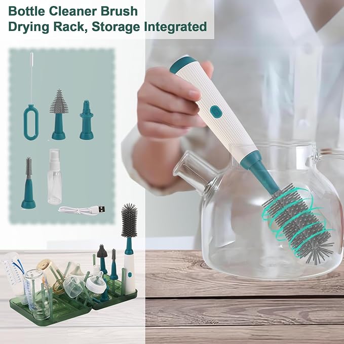 Portable Electric Bottle Brush Cleaner and Drying Rack Set, Foldable Bottle Drying Rack with 16 Ribs, Automatic Bottle Cleaner Brush Help Thorough Cleaning of Baby Bottles and Breast Pumps,Green