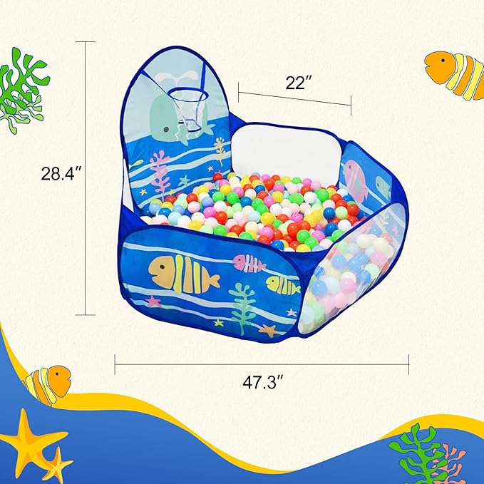 Kids Ball Pit, Pop Up Children Play Tent, Toddler Ball Pool Baby Crawl Playpen with Basketball Hoop, Portable Toys for Girls Boys, 4 ft / 120 cm, Balls Not Included, Ocean