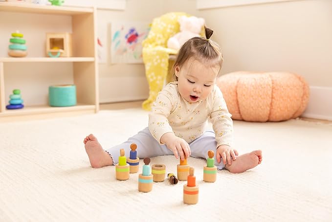 Lovevery Post & Play Peg People Baby Toy, 7 Wooden Peg Doll Practice Color Matching, Stacking, and Balancing, Ages 13 Months +