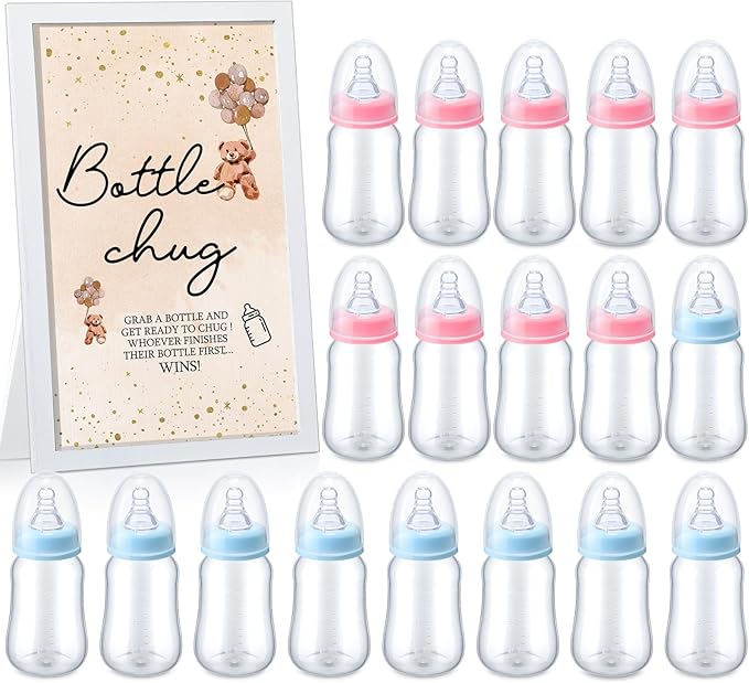 Roowest Bottle Chug Baby Shower Game Favors Including Brown Bear Theme Wooden Sign and 18 Pcs Baby Bottles for Gender Reveal Party Supplies