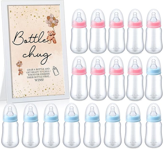 Roowest Bottle Chug Baby Shower Game Favors Including Brown Bear Theme Wooden Sign and 18 Pcs Baby Bottles for Gender Reveal Party Supplies