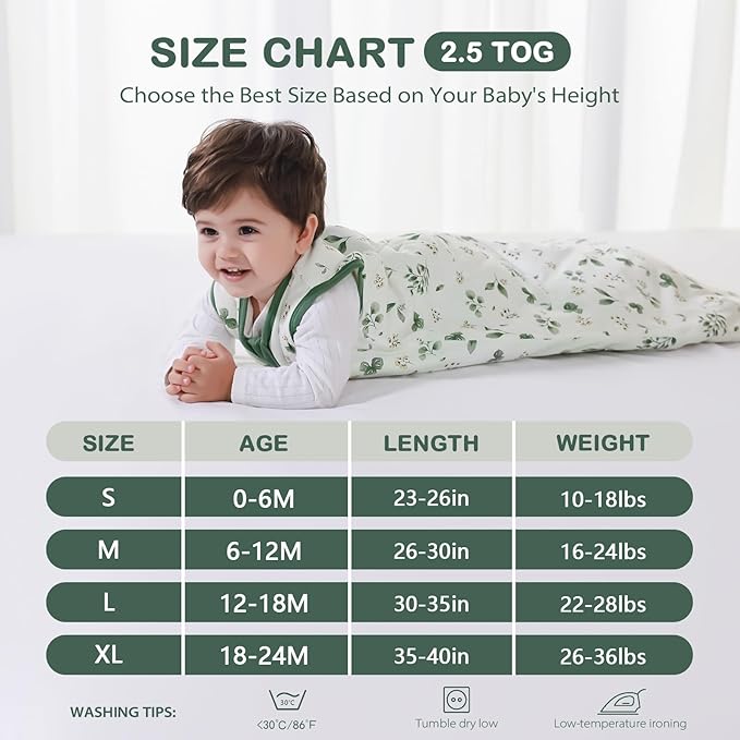 Mosebears Sleep Sack Baby Winter Wearable Blanket with 2-Way Zipper,2.5 TOG Cotton Sleep Sack Unisex(Plant,12-18 Months)