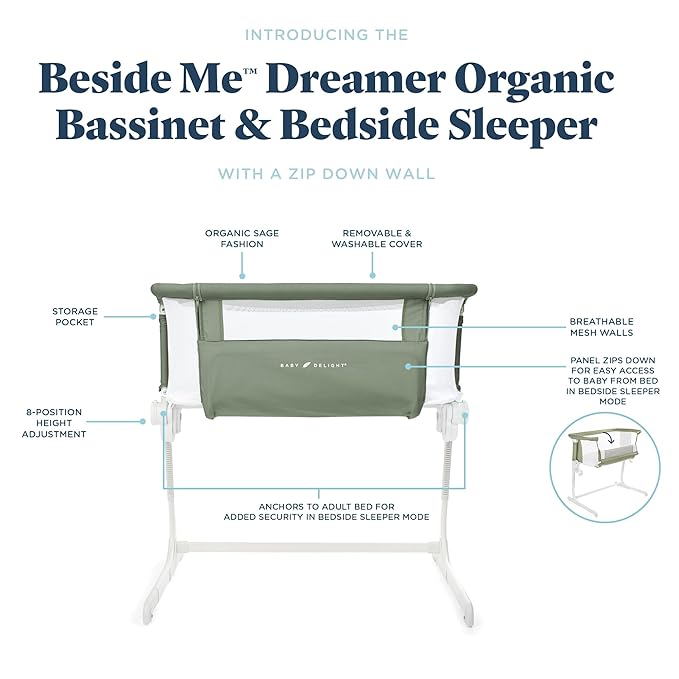 Baby Delight Beside Me Dreamer Bassinet | Bedside Sleeper & Baby Bassinet | 6-Position Height Adjustment | 100% GOTS Certified Organic Cotton Fabric | Organic Sage