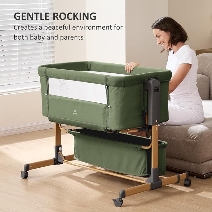3 in 1 Baby Bassinet, Rocking Bassinet, Bedside Bassinet, 6-Height Adjustable, Bassinet Bedside Sleeper, Bedside Bassient for Baby with Comfy Mattress, Breathable Mesh, Large Storage Basket