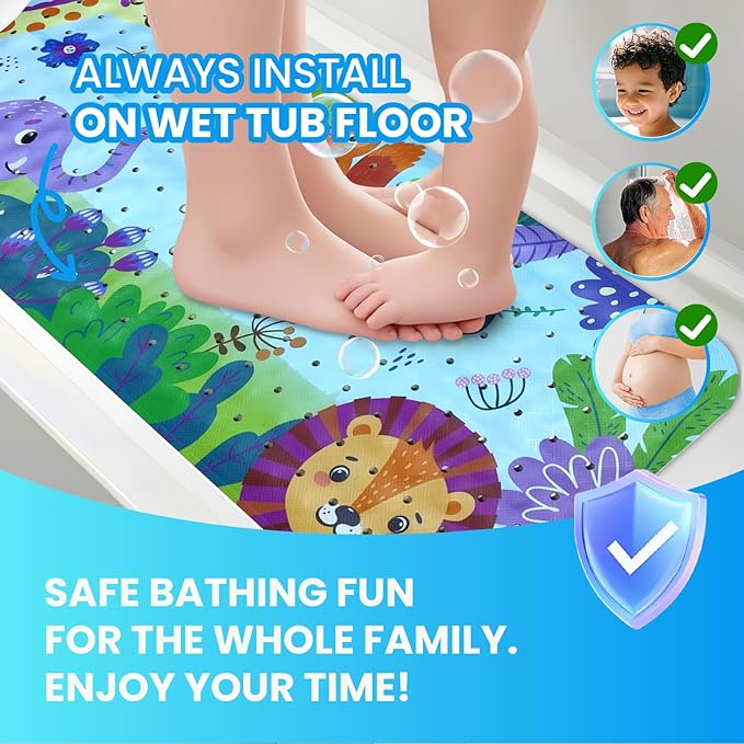 Linoows Baby Bath Tub Mat, 40 x 16 Inch Extra Large Non Slip Kids Cartoon Bathtub Shower Mats with Suction Cups & Drain Holes, Machine Washable for Bathroom, Forest Animals