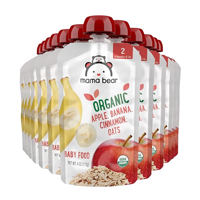 Amazon Brand - Mama Bear Organic Baby Food, Stage 2, Apple, Banana, Cinnamon, Oats, 4 ounce (Pack of 12)