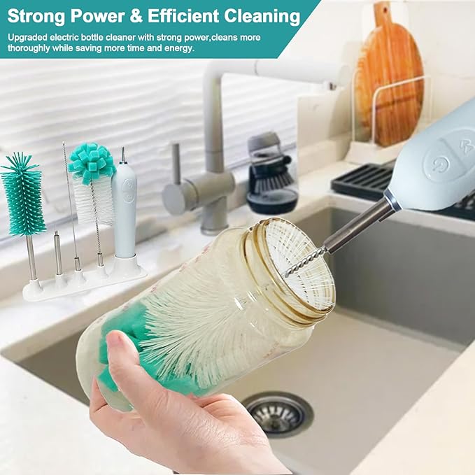 Electric Baby Bottle Brush With Holder, Stainless Steel Automatic Cleaner With Extension Handle, Sponge, Silicone Water Cleaner, Nipple and Straw Brush - Green