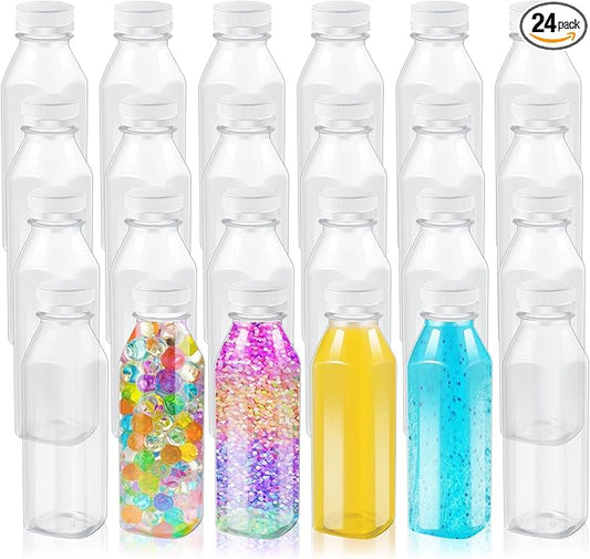 Honeydak 24 Pcs Empty Sensory Bottles Bulk with White Lids 12 oz / 350 ml Clear Plastic Reusable Leakproof Juice Bottles Drink Container for Sensory Crafts Handmade Beverages Storage Party Supply