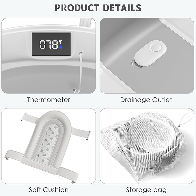 Collapsible Baby Bathtub for Newborn to Toddler 0-36 Months,Extra Large Foldable Infant Bath Tub with Thermometer,Cushion & Drain Hole,Portable Travel Tub, Baby Shower Gift Grey