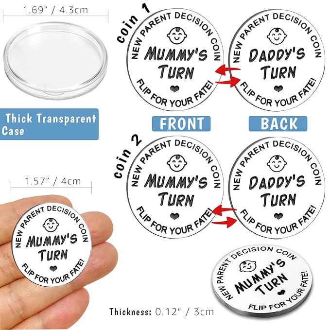 Fathers Day New Baby Gifts for Parents,Double-Sided Decision Coin Gift for New Mom & Dad, Funny Baby Shower Gifts for Couple, Gift for Pregnant Women as Thanksgiving Christmas Gift，A-Silver,2PCS
