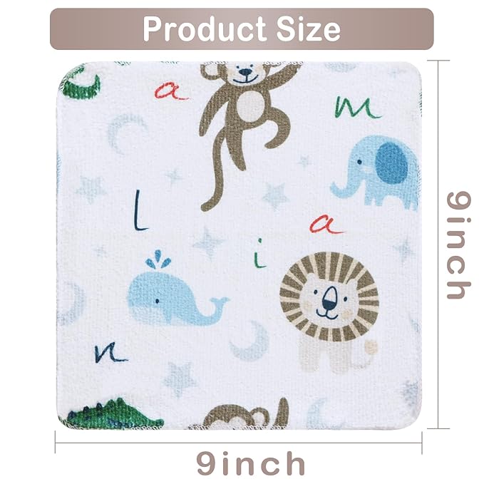 Viviland Baby Washcloths, Super Soft Baby Bath Towels for Newborn 24 Pack, Absorbent Face & Body Wash Cloth for Baby Boy, Animal Pattern, 9 x 9 inch