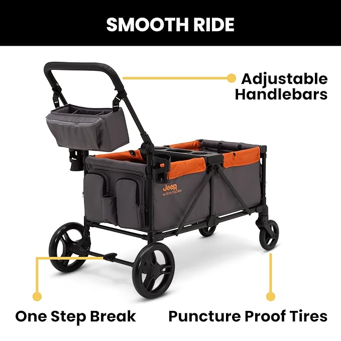 Jeep Sport All-Terrain Stroller Wagon by Delta Children - Includes Canopy, Parent Organizer, Adjustable Handlebar, Snack Tray & Cup Holders, Grey/Bonfire
