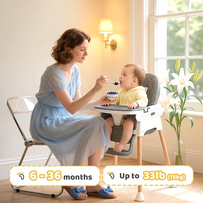 JOYMOR 5 in 1 Baby High Chair for Babies and Toddlers, Portable Highchair Fold Compact, ConvertibleBaby Feeding Chair Booster for Eating with Detachable Double Tray, 5 Point Harness (Gray)