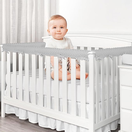 Plush Gray 3pcs New Teething Edge Crib Rail Cover&Corner Guard Coverage Straps,Reversible Guardrail Cover Protector for Boys Girls(1 Long 2 Short)