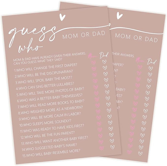 Baby Shower Games, Pink Who Mom or Dad Game Cards, 30 Sets Baby Gender Reveal Party Decorations Supplies Favors - F01