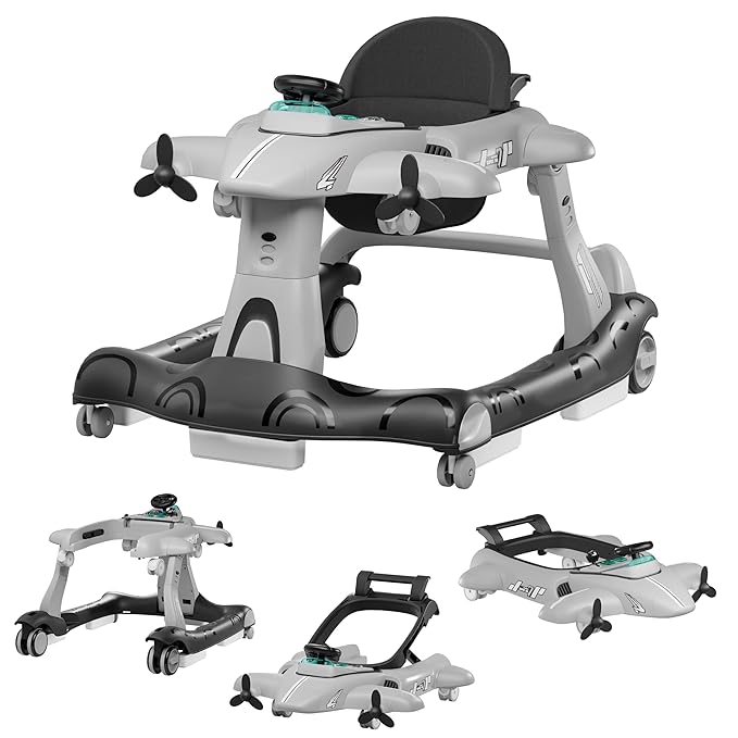 Xilingol 6-in-1 Baby Walker with Wheels, Adjustable Height & Speed Activity Walker with Padded Seat, Foldable Walker for Babies, Toddler Push Walkers for Boy & Girl 6-18 Months, Music & Light