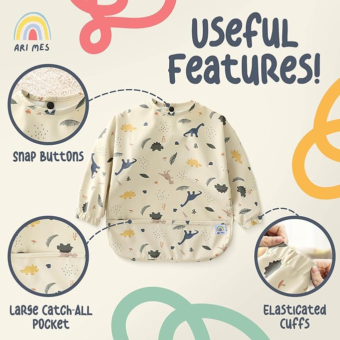 ARI MES Long Sleeves Waterproof Baby Bibs for Eating - Kitty Cats, Medium- Wearable, Coverall for Toddler, Long Sleeve Bib, Smock Apron for Feeding - Applicable for 6-72 Months