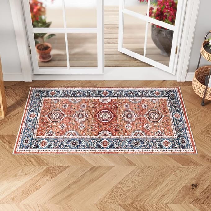 Dripex Vintage Washable Area Rug - 2x4 Indoor Door Mat Oriental Medallion Accent Throw Rug Distressed Foldable Non-Slip Low-Pile Bathroom Kitchen Rug for Entryway Laundry Room Living Room Bedroom
