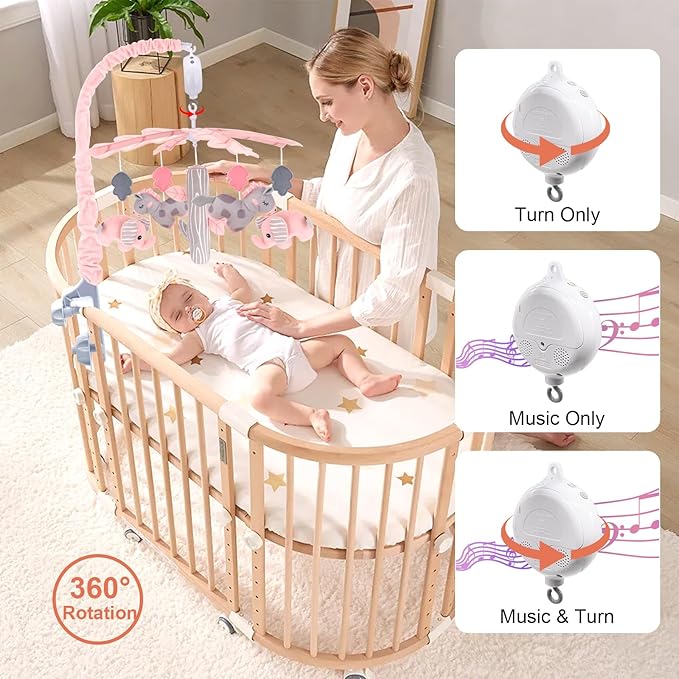 Upgraded Blublu Park Musical Crib Mobile for Girls, Baby Mobile with Hanging Rotating Toys Woodland Nursery Decor for Newborn Baby Boys Girls, Digital Music Box with 3 Modes, 12 Lullabies (Pink)