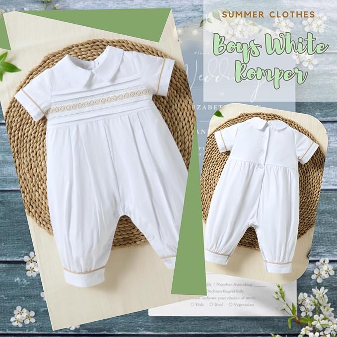 Booulfi Baptism Christening Outfits for Boys Easter White Romper Baby Romper Church Newborn Clothes