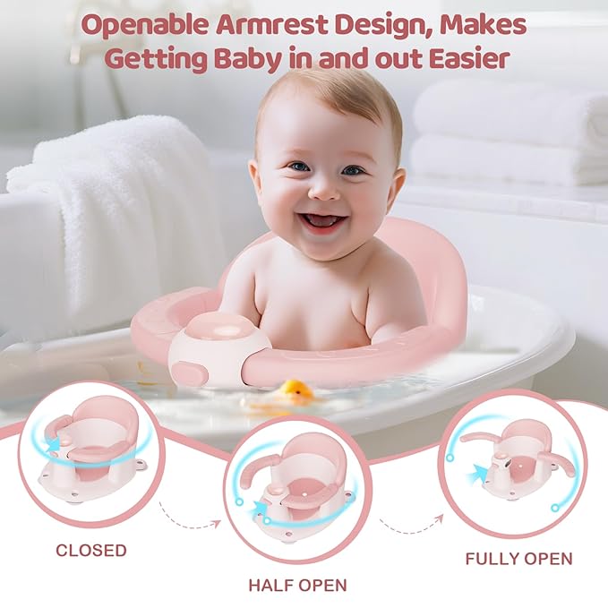 Baby Bath Seat for Babies 6 Months & up, Soft Cushions, Non-Slip Baby Bath Seat, Safe & Comfortable Baby Bath Support, for Bathtub/Living Room/Shower Room(Pink)