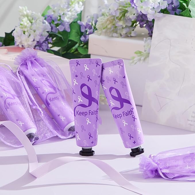 48 Sets Baby Shower Hand Cream Bulk Purple Ribbon Awareness Baby Shower Favors Bridal Thank You Hand Cream for Guests Travel Size Lotion with Organza Bags