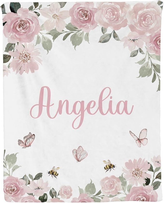 Personalized Baby Blanket for Girls Floral Butterfly Custom Baby Blankets with Name Dotted Backing Customized Gifts for New Mom Customize Baby Blanket for Kids Newborn Birthday Pink