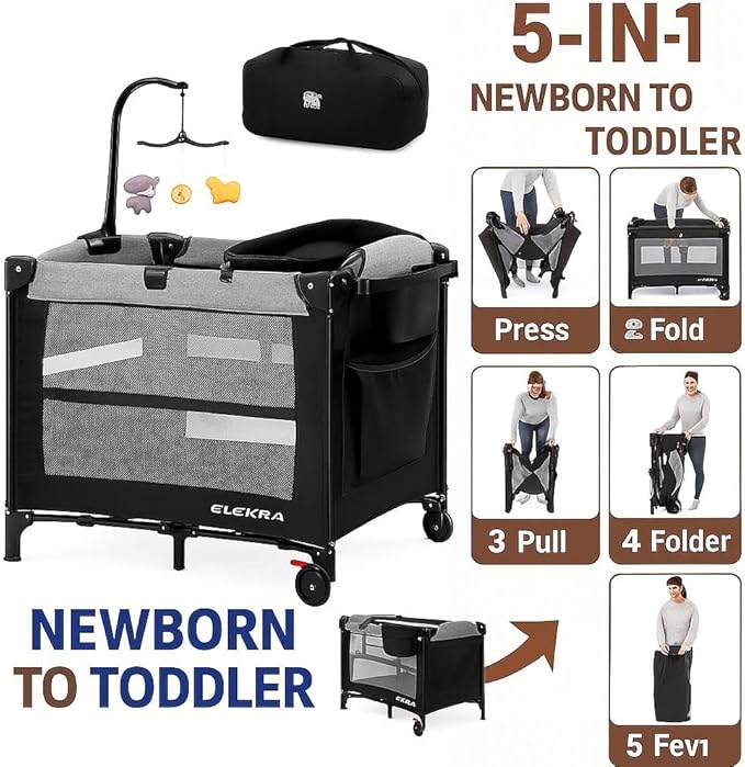 5 in 1 Baby Bassinet - Portable Crib, Bedside Sleeper, Diaper Changer, Playard & Travel Pack and Play Newborn to Toddler Carry Bag + Safety Strap Included