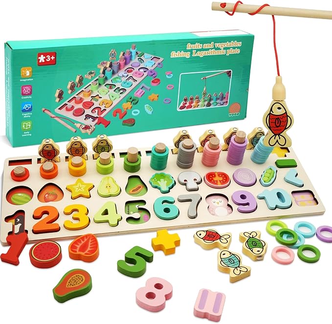 Magnetic Fishing Game, Montessori Educational Toy for 1-3, Wooden Alphabet Number Shape Puzzles, Rings Counting Sorting Toys Math Shape Blocks for Toddlers 3-5
