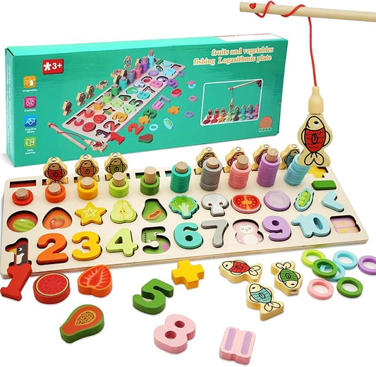 Magnetic Fishing Game, Montessori Educational Toy for 1-3, Wooden Alphabet Number Shape Puzzles, Rings Counting Sorting Toys Math Shape Blocks for Toddlers 3-5
