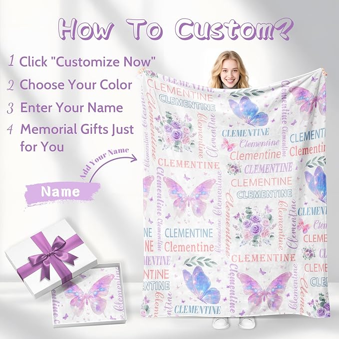 Personalized Baby Blanket with Name, Custom Butterfly Baby Blankets and Throws for Teen Girls Boys, Customized Toddler Blanket Gifts for Christmas Birthday Baby Shower (Name Butterfly)