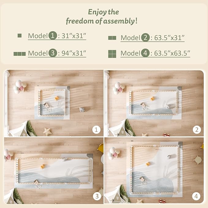 Large Wooden Baby Playpen - Size Adjustable Fence for Babies and Toddlers, Baby Play Yard with Locking Gate, Indoor Play Pen for Kids Activity Center 63.5”×63.5”