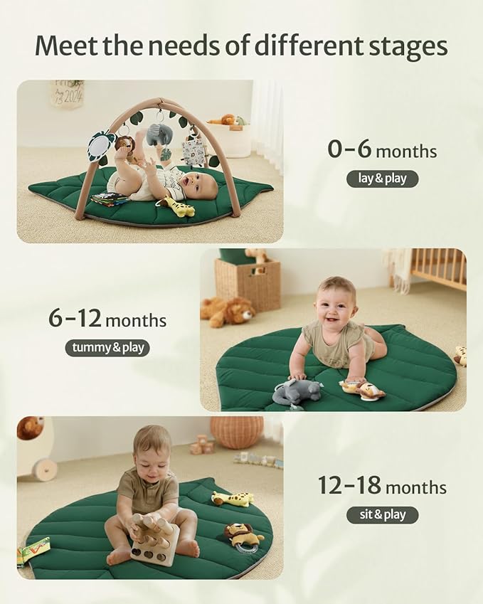 Blissful Diary Baby Play Gym & Activity Mat, Oversize Leaf Shaped Tummy Time Baby Play Mat w 6 Detachable Toys Promotes Motor Skills & Sensory Development, Newborn Infant Essentials Gift, Forest Green