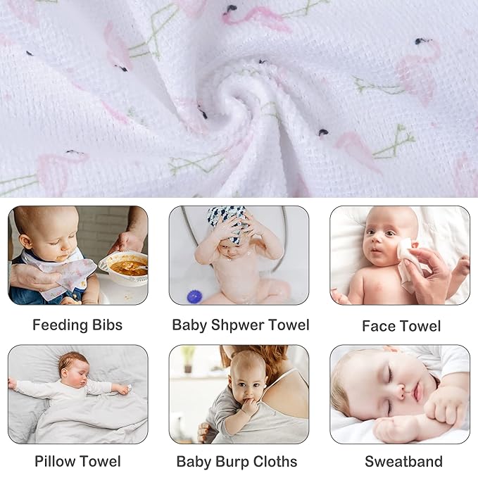 Viviland Baby Washcloths, 24 Pack Super Soft Baby Bath Towels for Newborn, Absorbent Face & Body Wash Cloth for Baby Girl, Flamingos Pattern, 9 x 9 inch