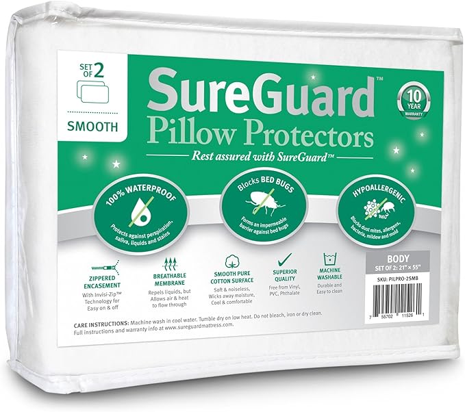 Set of 2 Body Size SureGuard Pillow Protectors - 100% Waterproof, Bed Bug Proof, Hypoallergenic - Premium Zippered Cotton Covers - Smooth