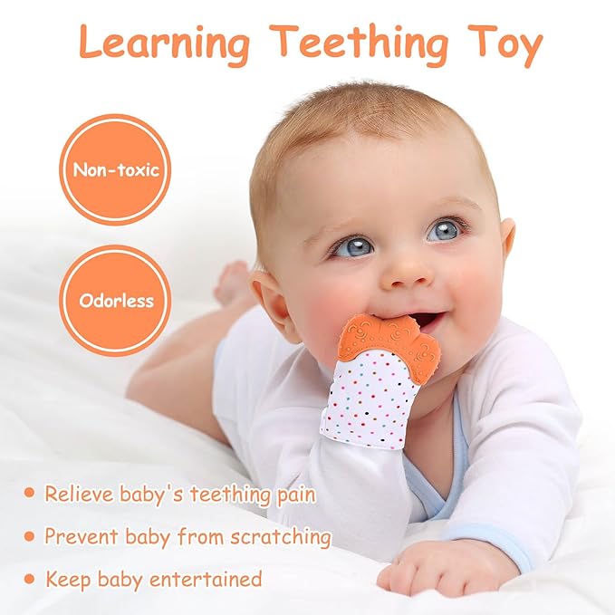 Vicloon Silicone Teething Mitt, 2Pcs Baby Teething Mitten, Baby Teething Toy with Adjustable Strap, Crinkle Sound and Textured, Baby Teething Mitten Self Soothing Baby Chew Toys for 0-6month Infants