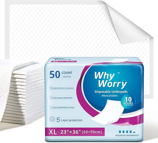 WhyWorry Extra Large Disposable Bed Pads 23" x 36", Super Absorbent Leakproof Incontinence Underpads for Surface Protection, Quilted Chucks Pee Pads for Adults and Babies, 200 Count (4 Packs of 50)
