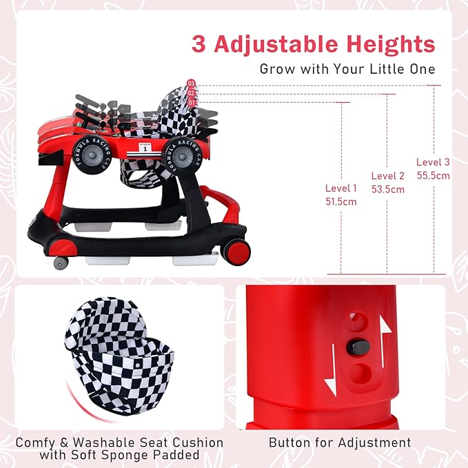 HOMGX Baby Walker with Wheels, Convertible Baby Push Walker & Race Car Mode, Infant Activity Center with Music Box, 3 Heights & 2 Speeds, Foldable Walkers for 6-18 Months (Red)