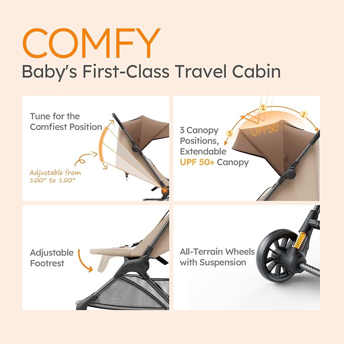 Lightweight Baby Strollers for Airplane, Ultra-Compact Travel Stroller, Light & Strong Portable Toddler Stroller with Carbon Fiber Frame and UPF 50+ Waterproof Canopy, Only 9.9 lbs, Brown