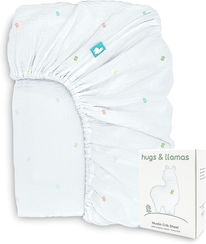 Hugs & Llamas | 100% Organic Cotton Muslin Fitted Crib Sheet | Premium Baby Sheets for Boys & Girls | Neutral Mattress Sheet