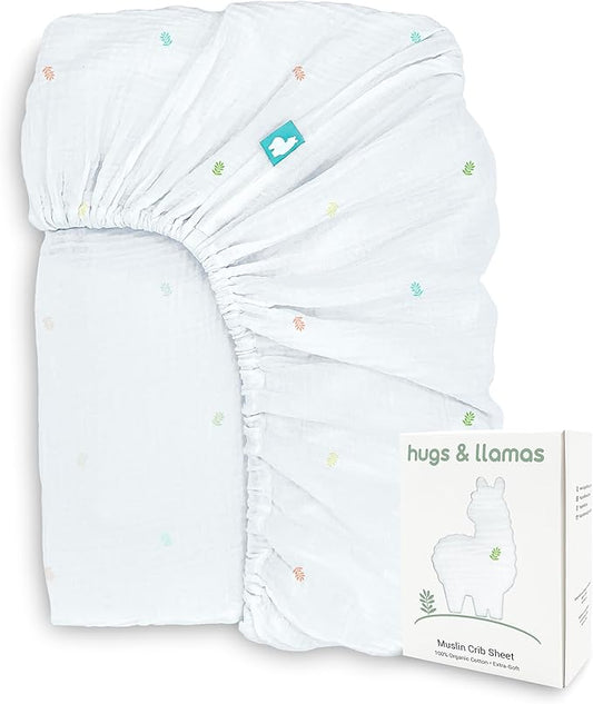 Hugs & Llamas | 100% Organic Cotton Muslin Fitted Crib Sheet | Premium Baby Sheets for Boys & Girls | Neutral Mattress Sheet