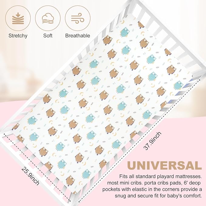 Pack n Play Fitted Sheet. 2 Piece Mini Crib Sheet Set Elastic Playard Sheet Set Portable Sheet Set Elastic Convertible Playmat Compatible with Graco Pack n Play. (Owl and Tree Bag) (Cartoon)