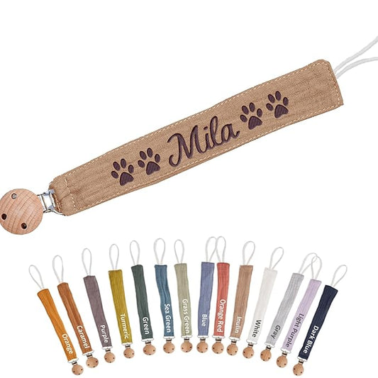 Custom Boho Pacifier Clip Holder with Embroidered Name – A Perfect Personalized Baby Baptism Gifts in Eco-Friendly Bamboo! (Inulin)