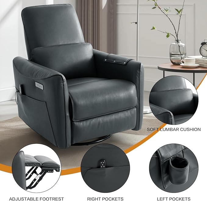 Genuine Leather Modern Electric Swivel Glider Power Recliner Chair with USB and Type-C Ports for Living Room, Power Lift Function, Grey