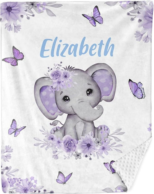Personalized Baby Blanket for Girls Elephant Custom Baby Blankets with Name Dotted Backing Customized Gifts for New Mom Customize Baby Blanket for Kids Newborn Birthday Purple