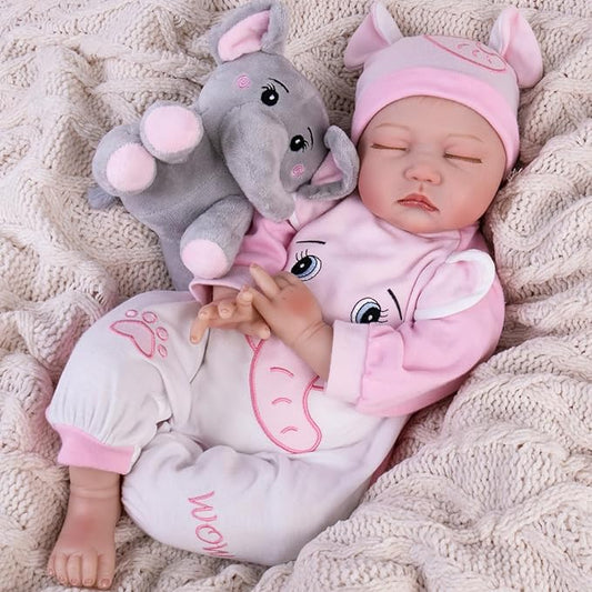 Aori Reborn Baby Dolls Girl - 22 inch Realistic Newborn Babies Weighted Lifelike Toddler Girl Doll with Elephant Jumpsuit and Toy in Gift Box